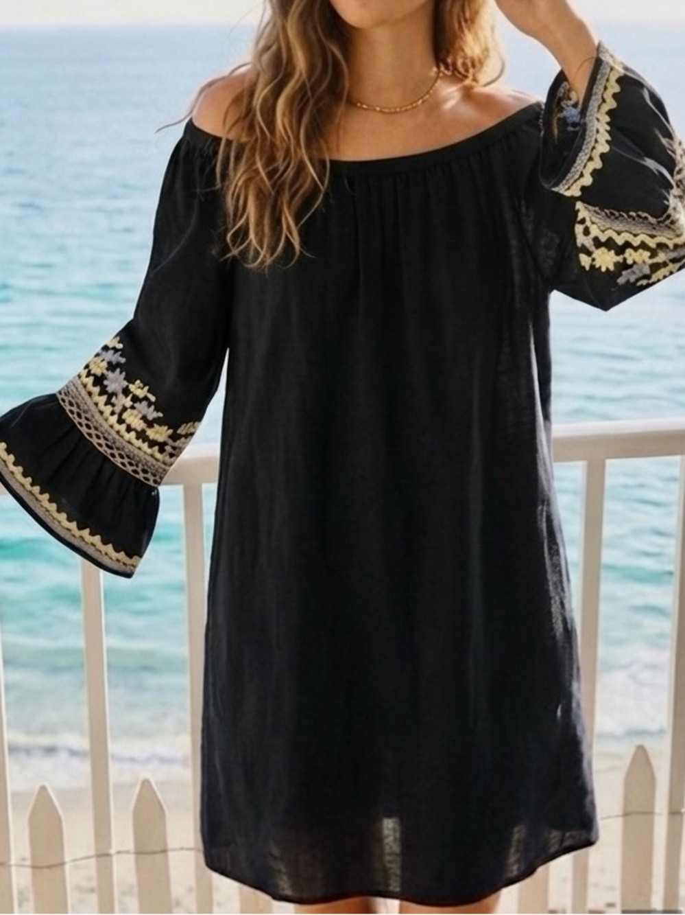 MAX STUDIO Bohemian Embroidered Black Off The Shoulder dress
